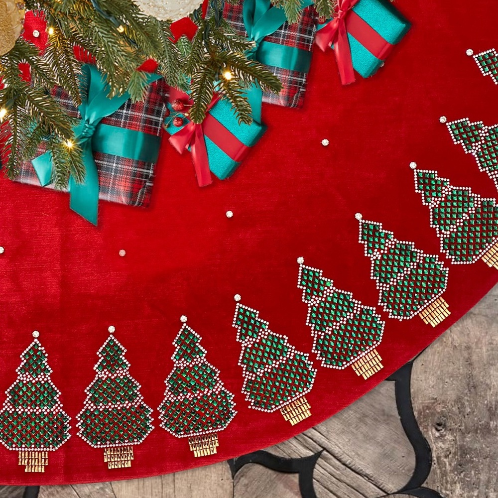 Christmas Tree Skirt, Holiday Home Decor, Emerald Green Rhinestone Crystal Pines